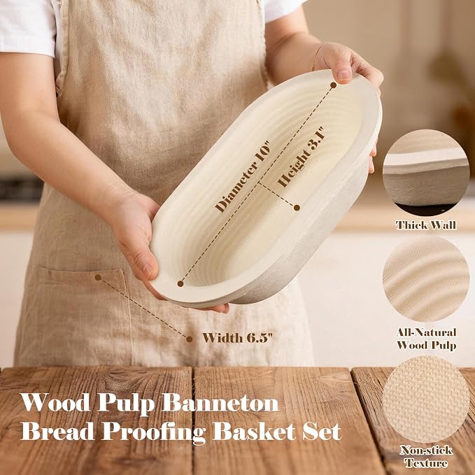 Non-Stick 10" Oval Wood Pulp Banneton Bread Proofing Basket Set Of 2, Sourdough Banneton Basket Set, Bread Making Tool Brotform Sourdough Bread Baking Supplies