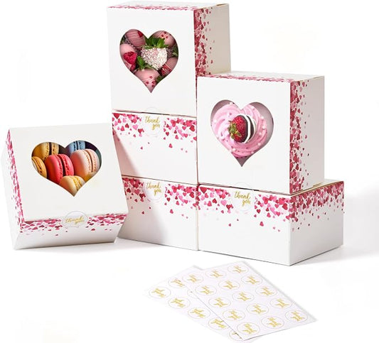 50 Pcs 4-Inch Kids Valentines Cookie Boxes Heart, Bakery Treat Boxes for Valentines Day Gifting, To-go Containers for Cake Slice, Macarons, Donuts, Candy 4x4x2.5