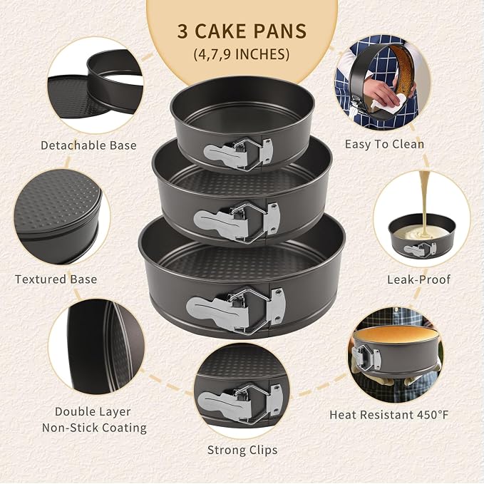 Springform Pan Set, 4" 7" 9" Nonstick Cheesecake Pan, Round Cake Pans, Leakproof Cake Tins with Removable Bottom, Springform Cake Pans Baking Pans