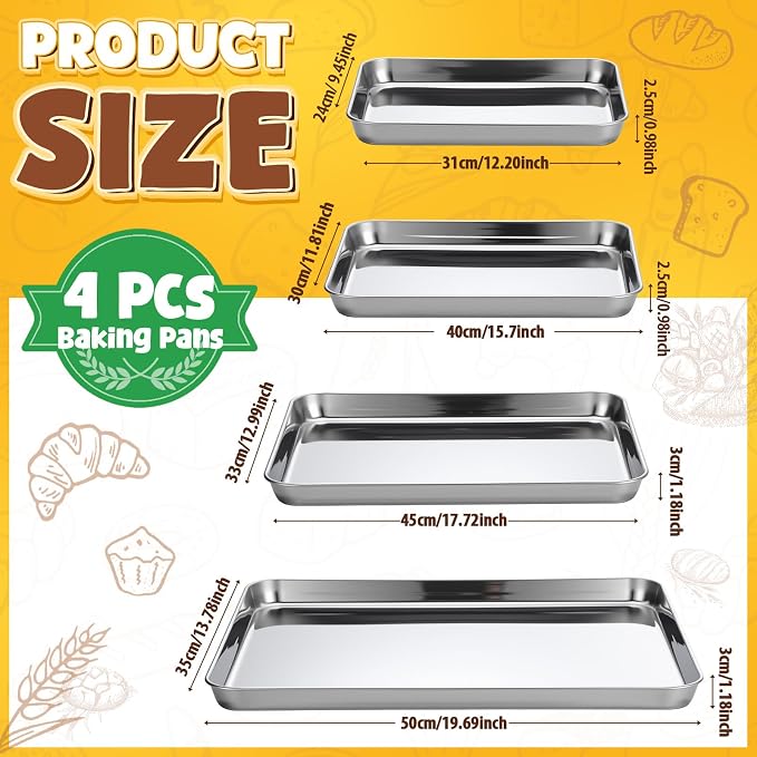 4 Pack Stainless Steel Sheet Baking Pans, 12/16/18/20 Inch Commercial Grade Cookie Sheets for Baking, Heavy Duty Stainless Steel Cookware Set, Non-stick, Non-toxic