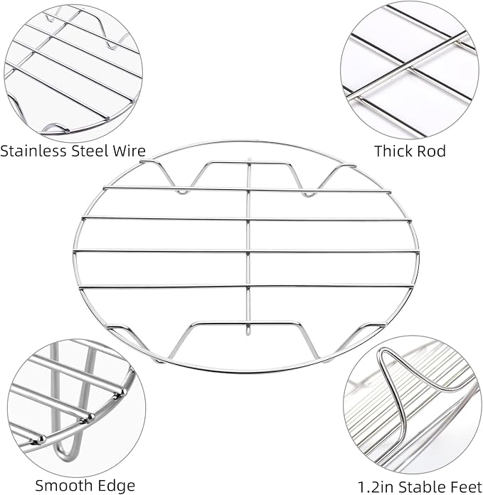 TamBee 2Pcs Cooking Rack Round 304 Stainless Steel Cooling Racks Baking and Cooling Steamer Rack w Stand Cookware for Air Fryer Pressure Cooker Canning (7&8 Inch)