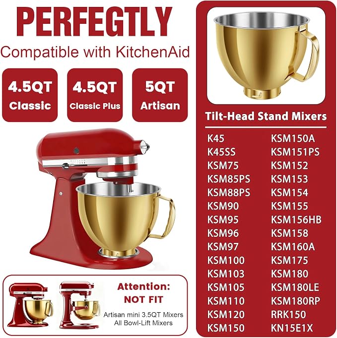 Stainless Steel Mixer Bowl for KitchenAid Artisan & Classic Series 4.5 & 5 Quart Tilt-Head Stand Mixers, KSM150 Stainless Steel Bowl Replacement, Mixing Bowl for KitchenAid, Radiant Gold