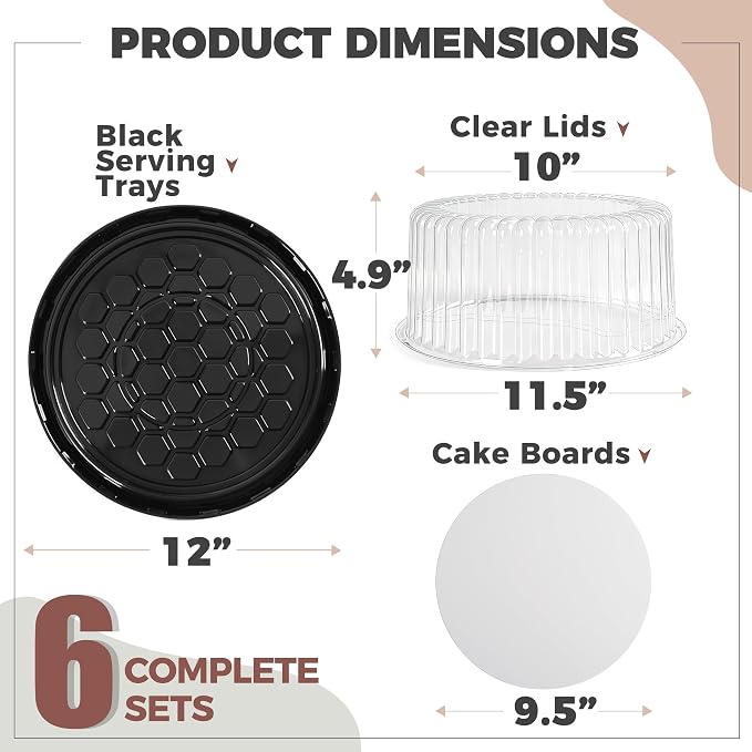 6-Pack Cake Carrier Holder Container for 10 Inch Round Cakes - Plastic Disposable Cake Containers, Take Out Storage w/Clear Dome Lids, Black Base Serving Trays, White Cake Boards, 12 x 5 Inches