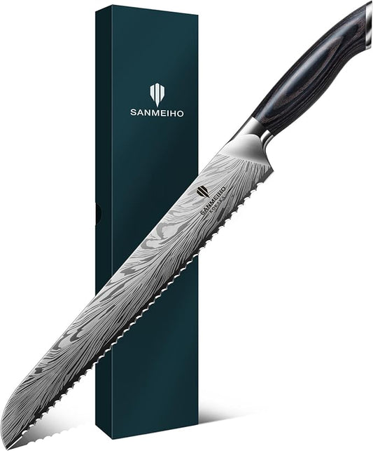 10 inch Bread Knife in Powder Steel, Serrated Bread Knife for Homemade Bread Sourdough Ultra Sharp Bread Slicer Knives with Ergonomic Pakkawood Handle for Sourdough, Turkey and Fruit