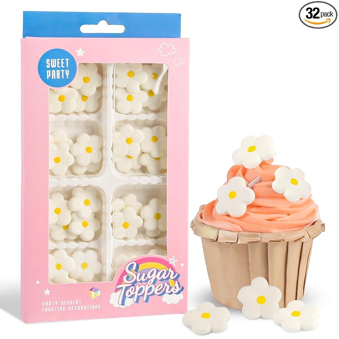 Flowers Icing Decoration 32 Count White Blossoms Royal Icing Decorations Daisy Sugar Wedding Flowers Sprinkles for Baking Cupcakes Ice Cream Waffles Cookies Birthday Cake