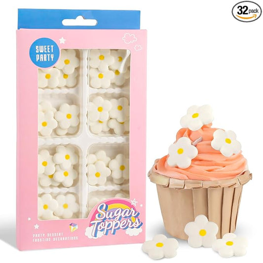 Flowers Icing Decoration 32 Count White Blossoms Royal Icing Decorations Daisy Sugar Wedding Flowers Sprinkles for Baking Cupcakes Ice Cream Waffles Cookies Birthday Cake