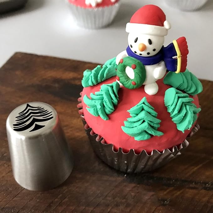 5 PCS Christmas Pastry Icing Piping Nozzles,Special Stainless Steel Russian Piping Tips Set,Cake Decorating Tools(1 Christmas Tree,2 Snowflake 1 Leaf Tips and 1 Single Color Coupler)
