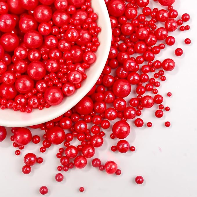 Dazzjoy Patriotic Red Pearl Sugar Sprinkles, Edible Candy Pearls, Mix Size, 4.58oz, Red Sprinkles for Cupcake Decorating, Baking Cake Decorations, Desserts, Wedding Party Birthday Supplies
