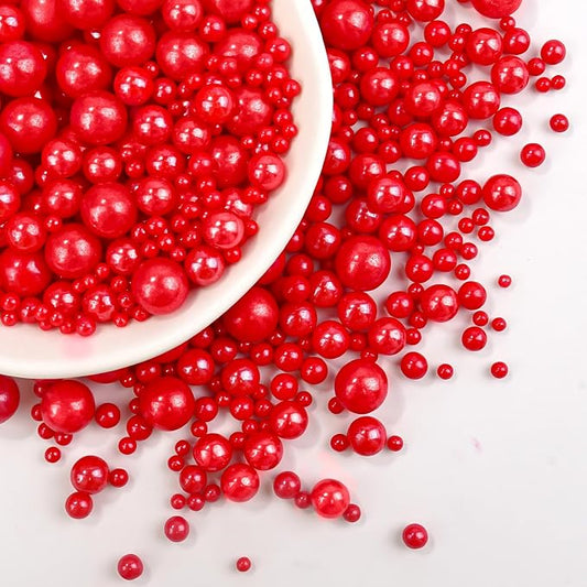 Dazzjoy Patriotic Red Pearl Sugar Sprinkles, Edible Candy Pearls, Mix Size, 4.58oz, Red Sprinkles for Cupcake Decorating, Baking Cake Decorations, Desserts, Wedding Party Birthday Supplies