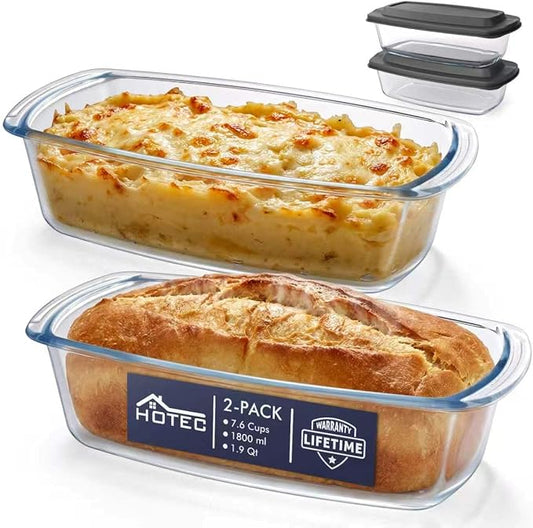 HOTEC 2-Pack LARGE 7.6 Cups/1800 ML/1.9 Qt Glass Loaf Pan, Microwave and Oven Safe - Loaf Pans For Food Storage Container, Bakeware for Bread, Lasagna, Potatoes, Meal Prep, Airtight Lid