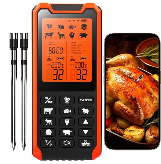 HOPEPOP Wireless Meat Thermometer Digital - NIST Certified Accuracy, Dual Monitoring Standalone Large LCD Base & App Control, 2 Meat Probes for Grill BBQ Smoker Oven (Orange)