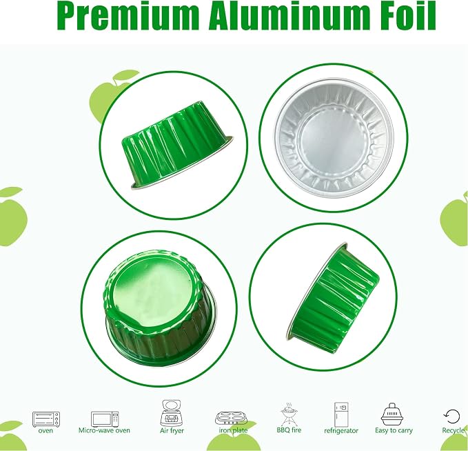 100Pcs Aluminum Cups with Lids,5oz Disposable Ramekin Baking Cups Muffin Liners Mini Pie Pans Foil Cupcake Containers for Christmas Party Wedding Party,Green