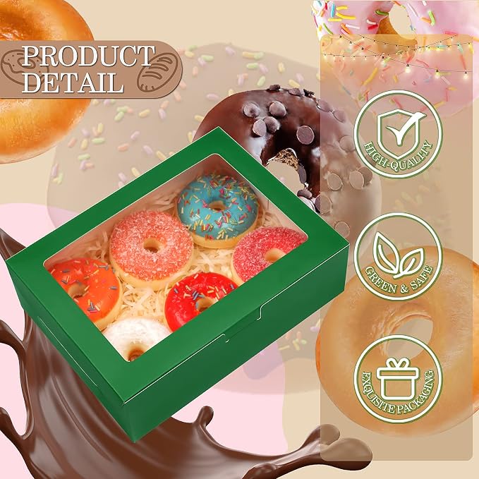 KPOSIYA 65 PCS 8x6x2.5 Inch Cookie Boxes with Window Green Bakery Boxes Pastry Boxes for Gift Giving, Treat, Dessert, Cupcakes, Chocolate, Strawberries, Donuts, Muffins (5 Style Windows)