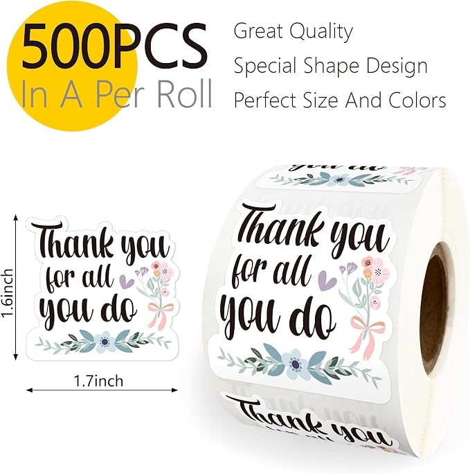 500pcs Thank You for All You Do Stickers, Appreciation Stickers for Teachers Volunteers Heathcare Employee, Packaging Envelopes Labels Roll