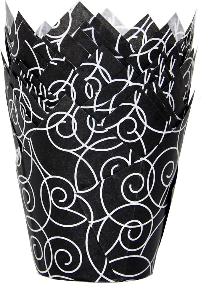 QLSmypkg Muffin Greaseproof paper Baking cupcake cups, 2"(Bottom diameter) x 3-1/2"(Height) Black Fancy Floral Print Tulip Baking Cup Case of 125 pcs (125, Standard)