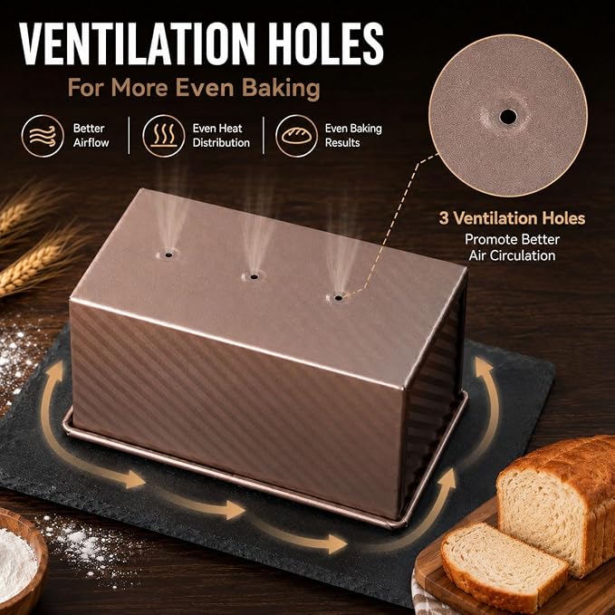 Pullman Loaf Pan with Lid 2 Pack, Carbon Steel Nonstick Bread Baking Pans with Sliding Lid, Gold Toast Mold for Sandwich Bread and Square Loaf, Small and Large Sizes, Oven Safe to 446°F