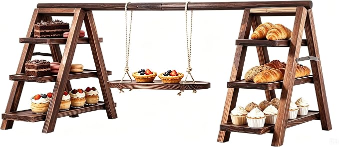 3-Tier Ladder Cupcake Display Stand Foldable Rustic Dessert Table Serving Tray Wooden Snack Platter Tower Food Holder for Cake Donut Fruit Cookie Party Wedding Birthday Baby Shower