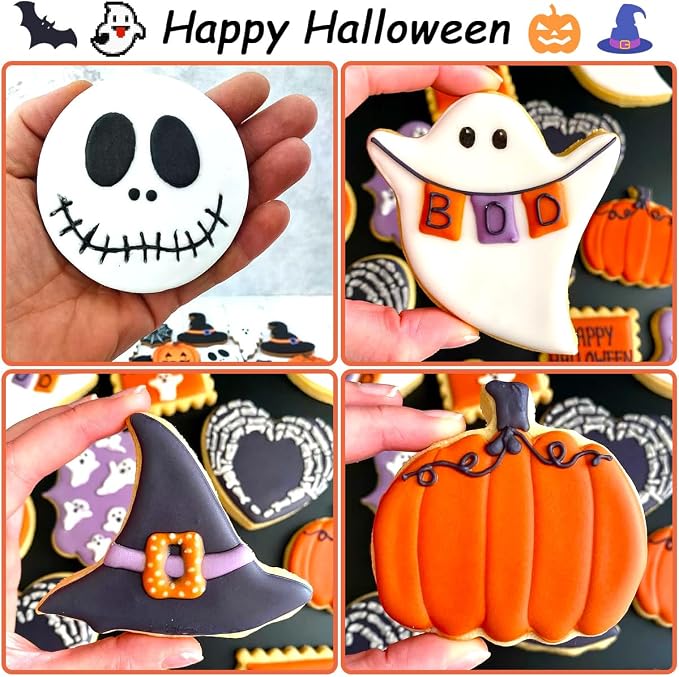 Halloween Cookie Cutters 7Pcs, Bat Pumpkin Magic Hat Cat Cookie Cutter, Sturdy Easy to Clean & Demold Pancake Dough Molds for Halloween Baking