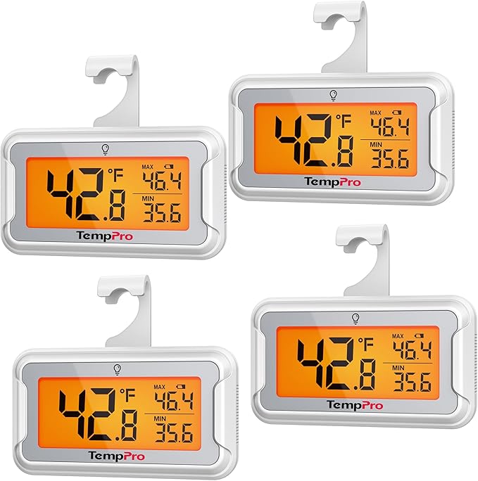 TempPro Refrigerator Thermometer 4 Pack with Large Backlit LCD Display, Waterproof Freezer Fridge Thermometer with Max/Min Record, Easy Battery Replacement for Room, Cooler (Previously ThermoPro)