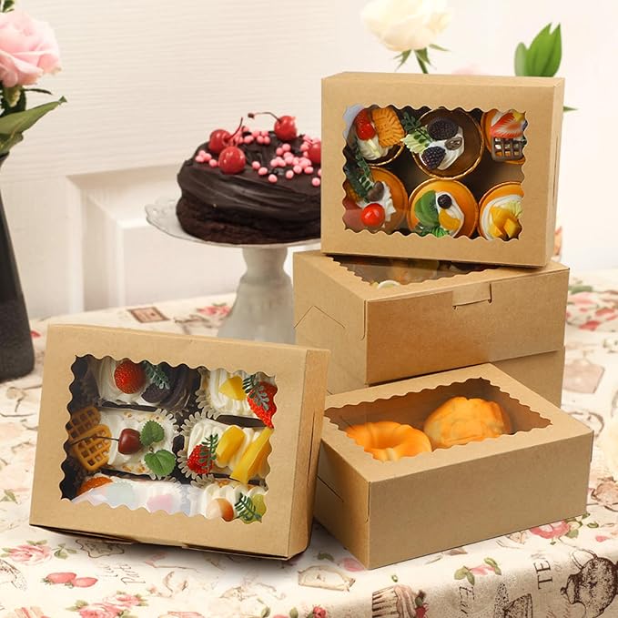 Cupcake Boxes,8X6X3 Inch 24Pack， Cookie Boxes with Window,Bakery Box,Kraft Paper Brown Gift Box for Pastries,Cookies,Cake,Donuts,Macaroon Gift Box,candy special food box,