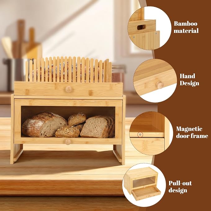 3 in 1 Bread Slicer with Bread Box and Bread Serving Tray, Bamboo Bread Slicer for Homemade Bread, Multifunctional Bread Storage Container for Slicer Storage and Bread Tray