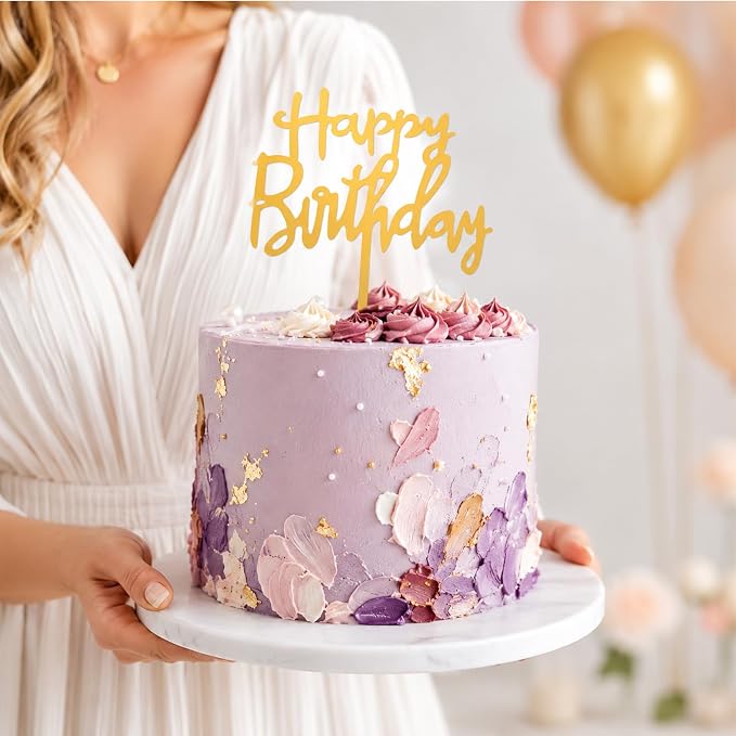 2 PCS Gold Happy Birthday Cake Topper, Acrylic | Hand-Drawn Happy Birthday Topper for DIY Party Cake Decoration, Perfect Keepsake for your family and friends
