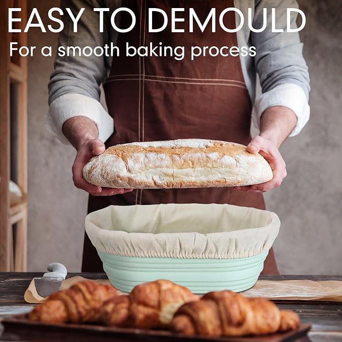 Honeydak 4 Pcs Silicone Bread Proofing Baskets Oval Banneton Basket with Liner 10 Inch Collapsible Sourdough Bread Baking Supplies Non-stick Dough Proofing Bowls Containers Oven Safe for Breads Making