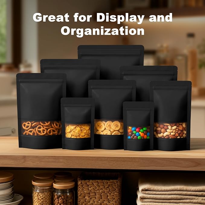 FireKylin 100 Pcs Resealable Bags, Paper Stand Up Pouches Bags with Matte Window for Small Businness, Zipper & Heat Sealable Treat Bags for Packaging(Inner Size 4.9" x 5"; Outer Size 5.5" x 7.9")