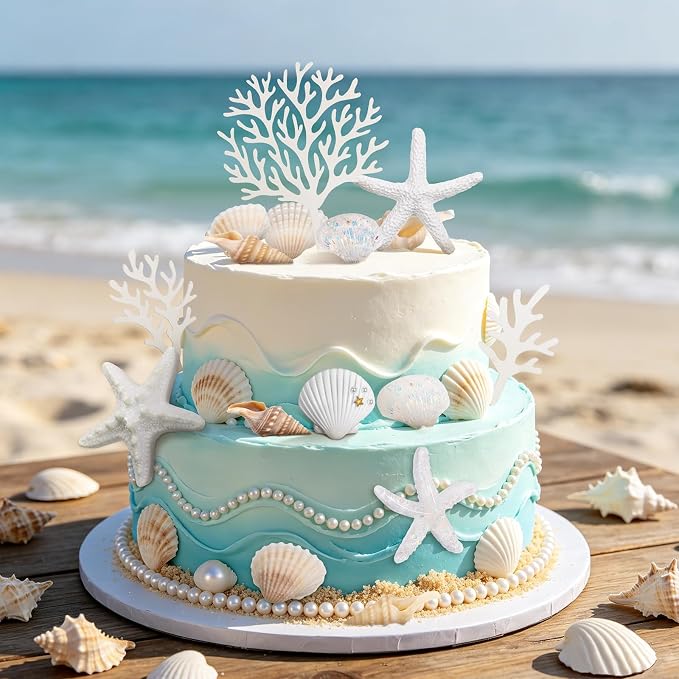 33 Pcs Ocean Cake Decorations, Starfish Sea Shell Cake Topper Coral Cake Topper, Summer Beach Theme Under the Sea Party decorations
