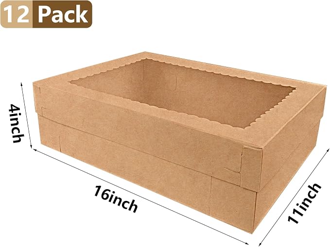 MUMULULU 12PCS Kraft Large Cake Box 16x11x4 Inch Rectangular Cake Box with Window Disposable Bakery Boxes for Donuts Cookies Cupcakes Pastry Pie Packaging Perfect for Weddings Birthdays and Parties