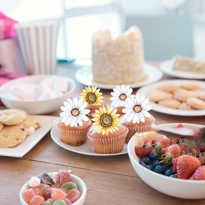 60 PCS Edible Sunflower Cupcake Toppers Edible Flowers Cake Decorations Wafer Paper Sunflower Party Decorations for Baby Shower Birthday Party Cake Toppers Food Decorations Supplies Yellow White