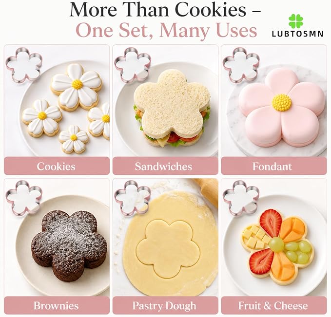 LUBTOSMN 6 Piece Flower Cookie Cutters Set, Silicone Rim Baking Set | Dishwasher-safe stainless steel cutters from 1" to 4" for cookies, fondant, sandwiches, party treats and family baking