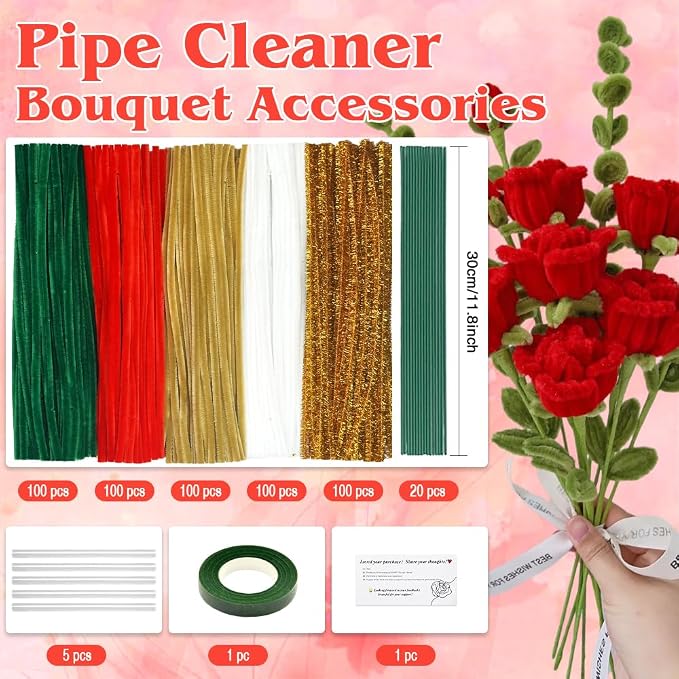 520Pcs Red Green White Pipe Cleaners Craft Kit, 5 Colors Glitter Chenille Stems Kit with Wires, Tape, Glue Sticks and Card, DIY Supplies for Christmas, Wedding, Graduation Gifts, Holiday Party Crafts