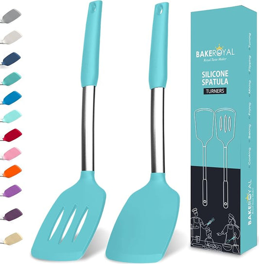 BakeRoyal Silicone Spatula Set - Turner Spatulas Silicone Heat Resistant 600°F - Slotted & Solid Spatula for Cooking Fish, Eggs, Pancakes Flipper – Spatulas for kitchen use – Aqua