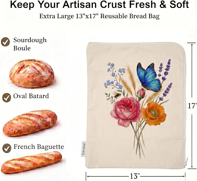 2 Pack Beeswax Bread Bags for Homemade Sourdough Bread, 17x13 Inch XL Reusable Cotton Bread Storage Bags with L-Shape Wide Zipper & Beeswax Lining for Freezer