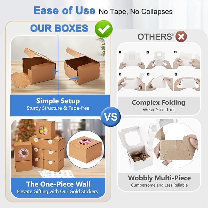 Shallive 4-Inch Small Cookie Boxes 50 Pcs Brown - Bakery Treat Boxes with Window for Gifting, To-go Containers Paper for Cake Slice, Macarons, Donuts 4x4x2.5