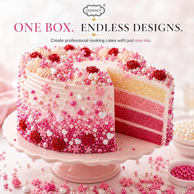 Confect Sprinkle Pink Mini Roses & Lips I Silver Hearts & Vermcelli and White Pearls | Sprinkles for Baking & Cake Decorative | Baby Shower Sprinkles | Vegan, Gluten-Free, Nut-Free, Soy-Free, Dairy-Free , Handcrafted Sprinkle - 5 Oz