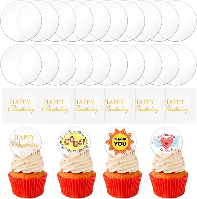 20 Pack 2 Inch Round Clear Acrylic Personalized Cupcake Toppers with Birthday Stickers Blank DIY Personalized Cake Toppers for Birthday Wedding Party Decorations Back to School