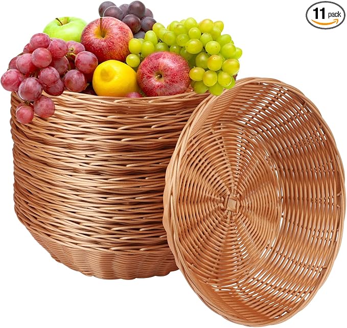 GNIEMCKIN 12 Pack Round Poly Wicker Basket, Diameter 9.5 In, Brown, Plastic, Polypropylene