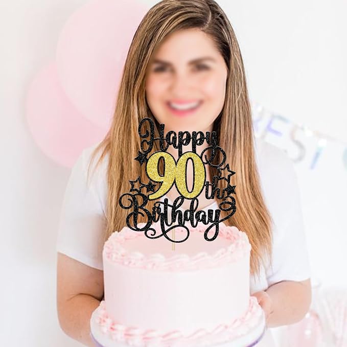 1 PCS Happy 90th Birthday Cake Topper Black Gold Glitter Cheers to 90 Years Birthday Cake Pick Hello 90 Fabulous Cake Decoration for Happy 90th Birthday Anniversary Party Decorations Supplies