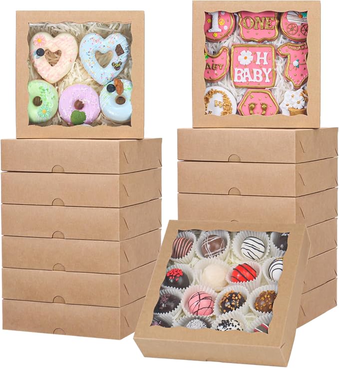 TEMLQPACK 30pcs 8x8x2 Inch Brown Bakery Boxes with Window - Perfect for Cookies, Chocolate Covered Strawberries, Pretzels, Cakesicles & More
