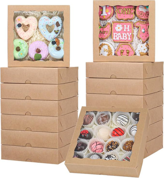 TEMLQPACK 30pcs 8x8x2 Inch Brown Bakery Boxes with Window - Perfect for Cookies, Chocolate Covered Strawberries, Pretzels, Cakesicles & More