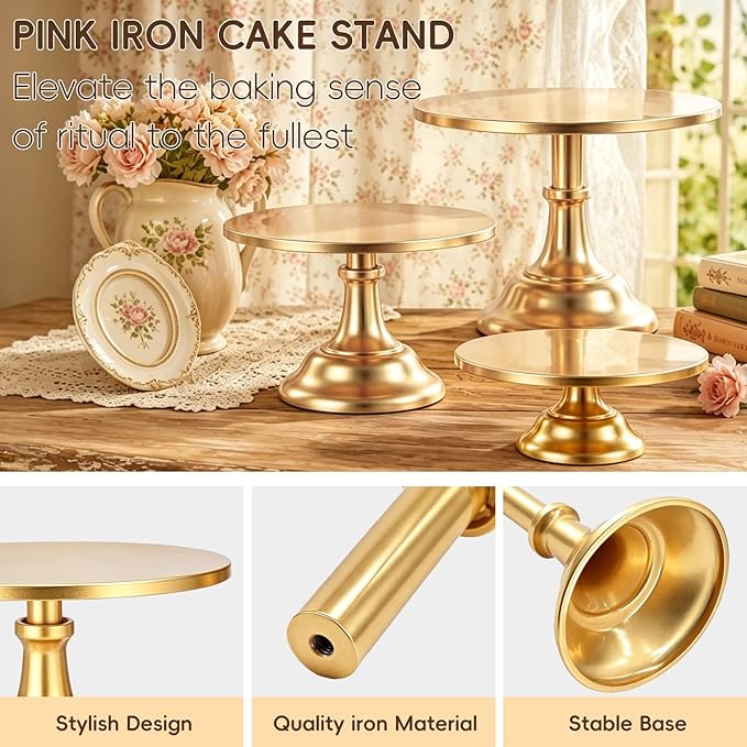 Three-piece Cake Stand Set, Metal Round Trays, 8-inch, 10-inch, and 12-inch, for Dessert Table displays; Perfect for Christmas, Thanksgiving, Birthdays, Weddings, and Other Celebrations(Gold)