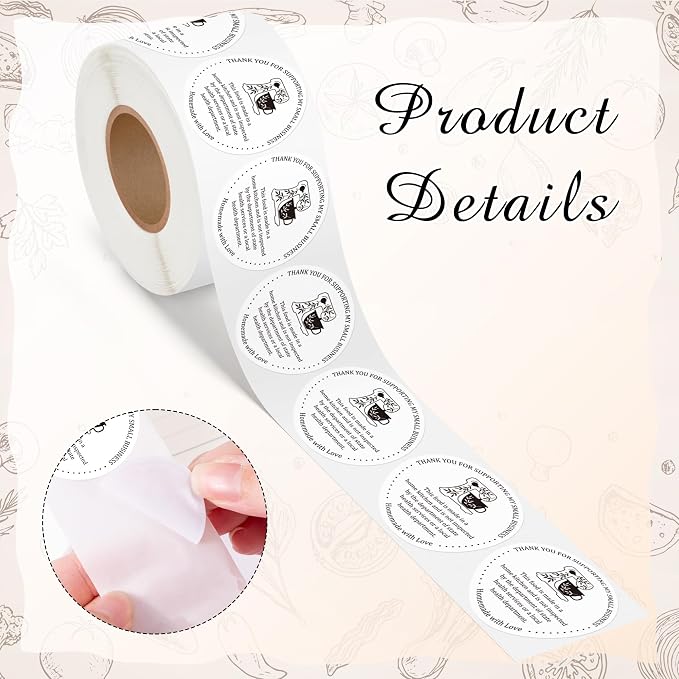 PANTIDE 500 Count Thank You for Supporting My Small Business Label Stickers | Cottage Food Law, Homemade with Love, Waterproof Adhesive Round Decal Roll, for Food Packaging Orders Gift Bags, 2 x 2 Inch