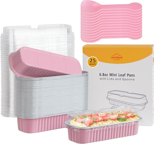 LNYZQUS 6.8oz Mini Cake Pans with Lids 25 Pack, Small Foil Loaf Pan for Little Banana Bread, Disposable Individual Baking Tins Muffin Cups Containers for Valentine Holiday Bake Sale-Pink