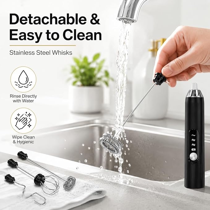 Black Handheld Milk Frother Wand for Coffee, Electric Whisk 3 Speed, 3-in-1 Rechargeable Drink Mixer with Stainless 3 Whisks, Coffee Frother For Latte, Cappuccino, Hot Chocolate, Egg
