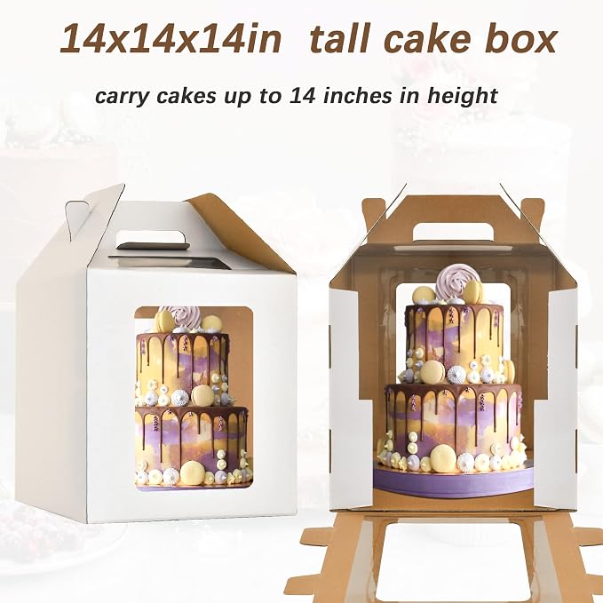2 Pack Tall Cake Boxes 14x14x14 Inches,Large Tiered Cake Box,12in 14in Disposable Layer tall Baking Carrier with Handle