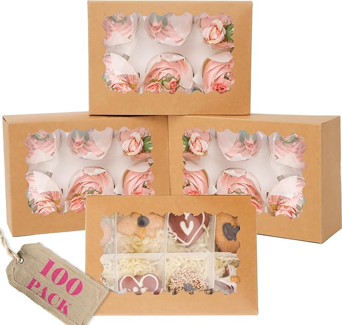 qiqee Auto-pop Up Cupcake Boxes with Window Brown 100PCS 6 Count Cupcake Box 9.4"x6.1"x3" Cupcakes Carrier, 6 Cupcake Containers