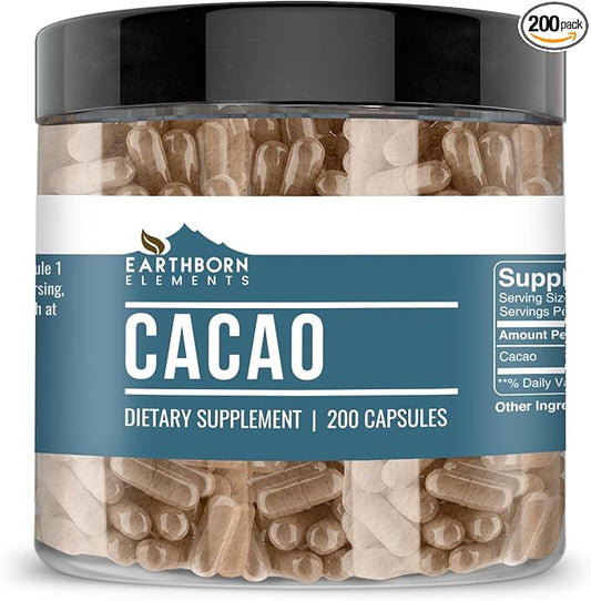 Earthborn Elements Cacao (Cocoa) 200 Capsules, Pure & Undiluted, No Additives