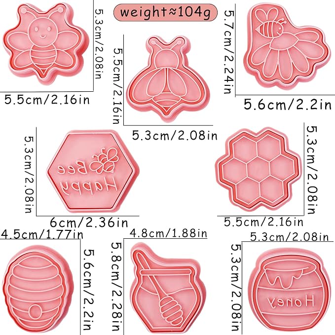 8 Pcs 3D Bee Cookie Cutters With Plunger Stamps Set Mini Honey Honeycomb Plastic Embossing Cutters for DTY Biscuit Snacks Baking Birthday Party Supplies Cheese Fondant Pastries Apple Pie